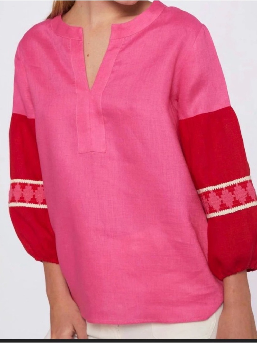 Vilagallo Kaya Blouse Pink Linen Linen V-Neck Embroidered Puff Sleeve Top